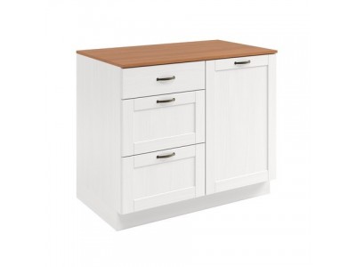 Armário bancada para cozinha com uma porta e três gavetas na cor branco lavado com honey / coleção Alma